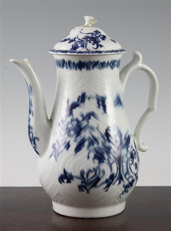 A Worcester feather moulded blue and white coffee pot, c.1760, 22cm, associated cover with re-glued finial